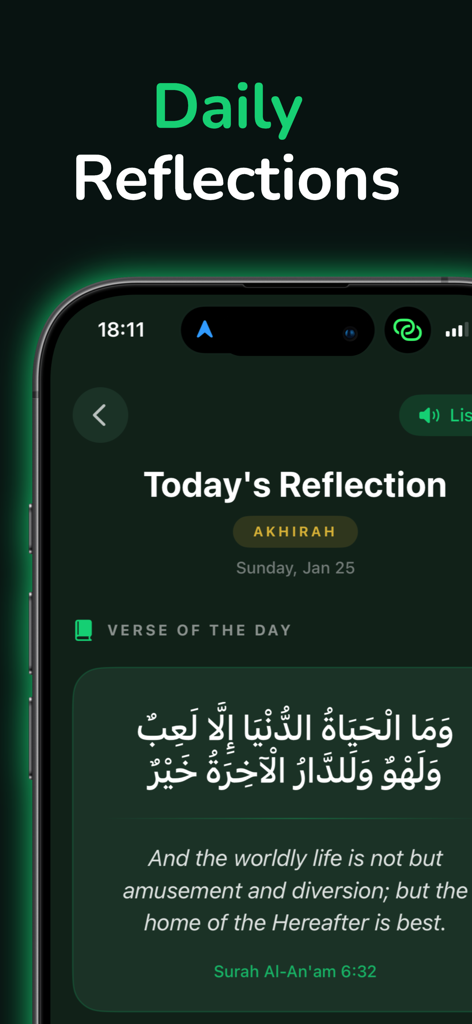 The Daily Reflections feature in the Niyyah app showing a verse from the Quran in Arabic and English.