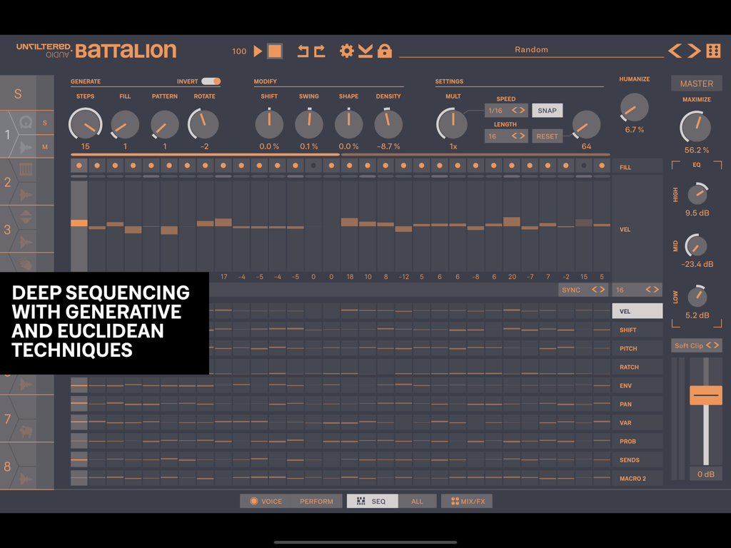 Battalion drum machine app interface showing deep sequencing with generative and Euclidean techniques.