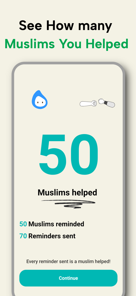 Mizan-Be consistent with salah - Mizan app screen showing community impact statistics with 50 Muslims helped through prayer reminders