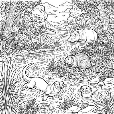 Embark on a captivating coloring journey with this intricate full scene featuring adorable river mammals. Discover playful otters, a busy beaver, and a serene hippo enjoying their natural, lush riverside habitat.