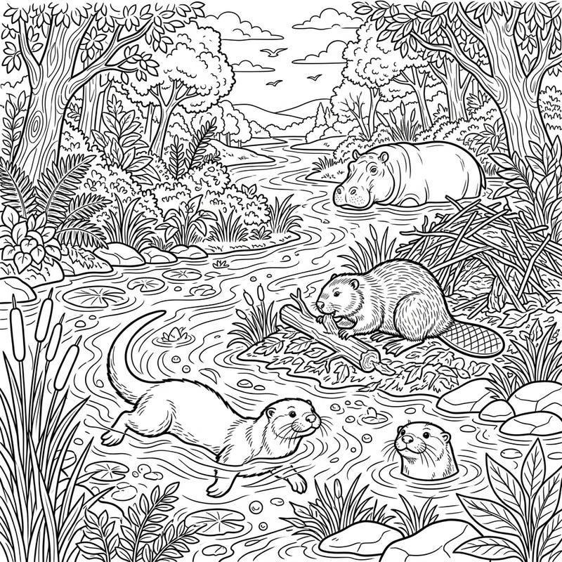 Embark on a captivating coloring journey with this intricate full scene featuring adorable river mammals. Discover playful otters, a busy beaver, and a serene hippo enjoying their natural, lush riverside habitat.
