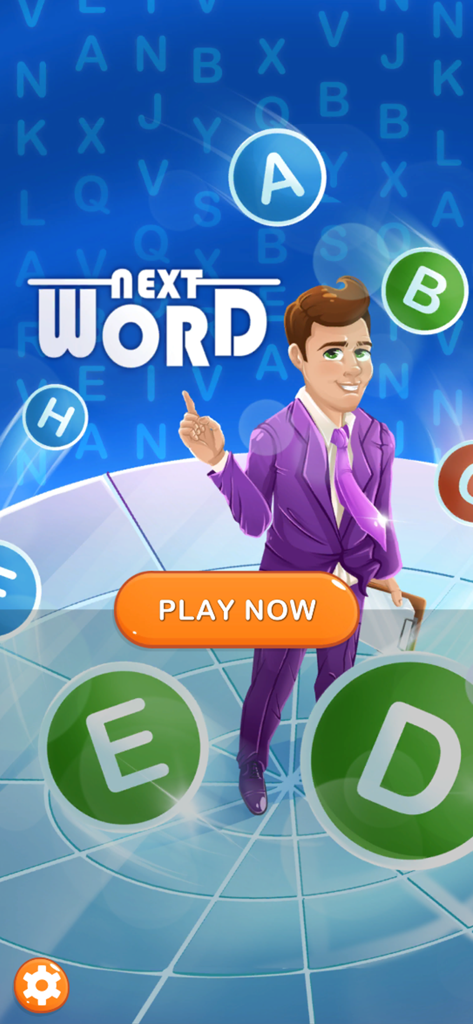 Next Word: Alphabet Cash Quiz - Main menu screen of the Next Word Alphabet Cash Quiz mobile game featuring a host character and floating letters