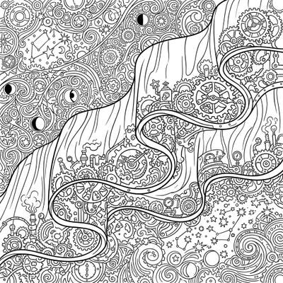Experience the mesmerizing fusion of natural wonder and mechanical ingenuity with this Steampunk Auroral Curtains coloring page. Delicate cosmic swirls are reimagined with intricate gears, pipes, and Victorian-era gadgets, promising a uniquely engaging artistic journey.