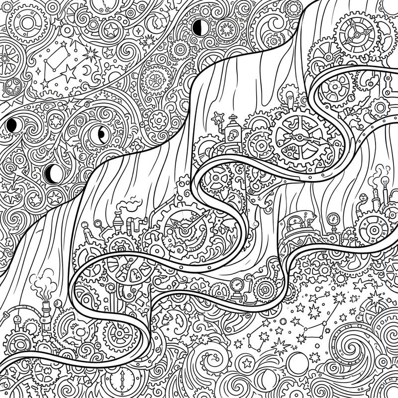 Experience the mesmerizing fusion of natural wonder and mechanical ingenuity with this Steampunk Auroral Curtains coloring page. Delicate cosmic swirls are reimagined with intricate gears, pipes, and Victorian-era gadgets, promising a uniquely engaging artistic journey.
