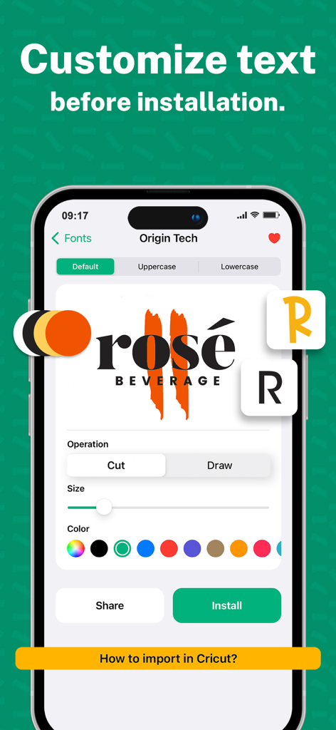 Fonts & Designs For DIY Space - Mobile app interface showing text customization options for color and size before installing fonts for Cricut projects
