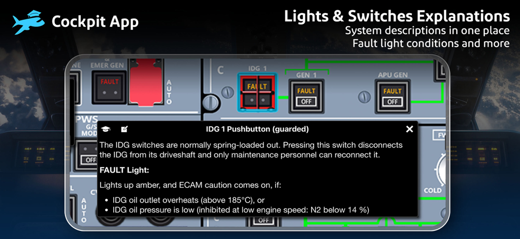 Cockpit App Systems - Screenshot of Cockpit App showing detailed technical explanations for aircraft lights and switches systems.