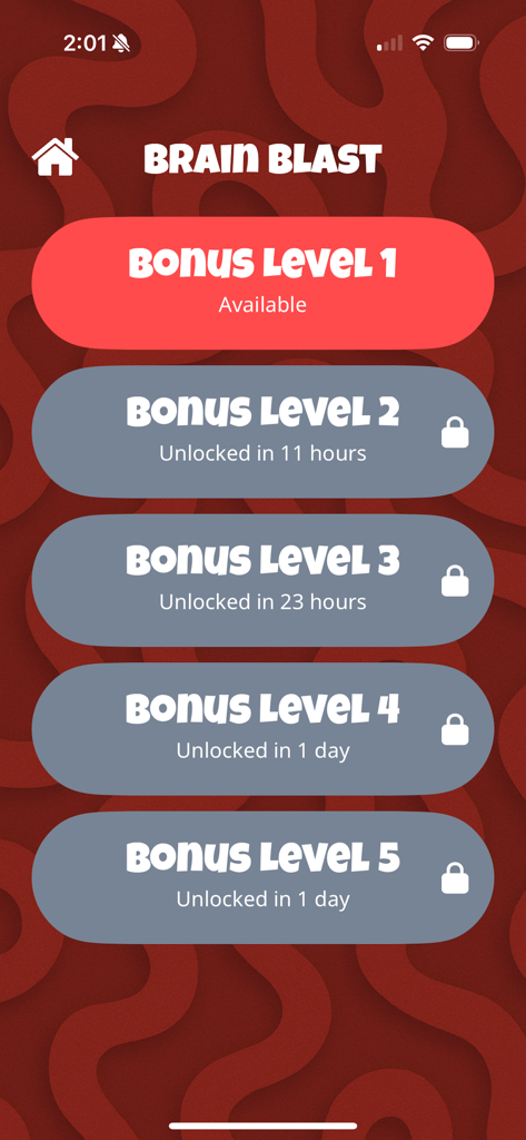 Color Sort: Brain Games - A menu screen titled Brain Blast showing five bonus levels with unlock timers in the Color Sort app