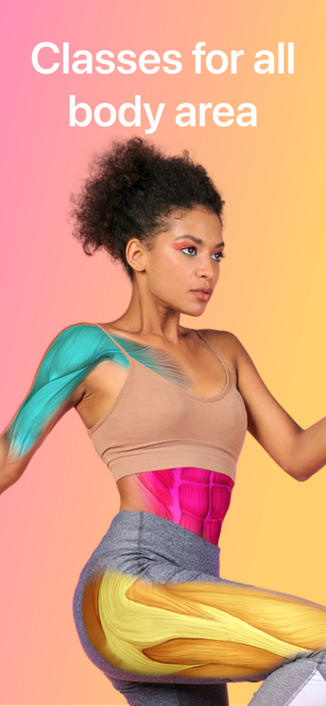 フィットネスウェアの女性で、すべての体の領域のヨガクラスを示す筋肉群が強調されている