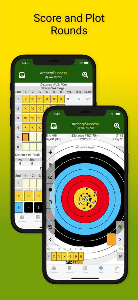 ArcherySuccess - Score & Plot - Interface do aplicativo ArcherySuccess mostrando um cartão de pontuação digital e mapeamento de flechas em um alvo