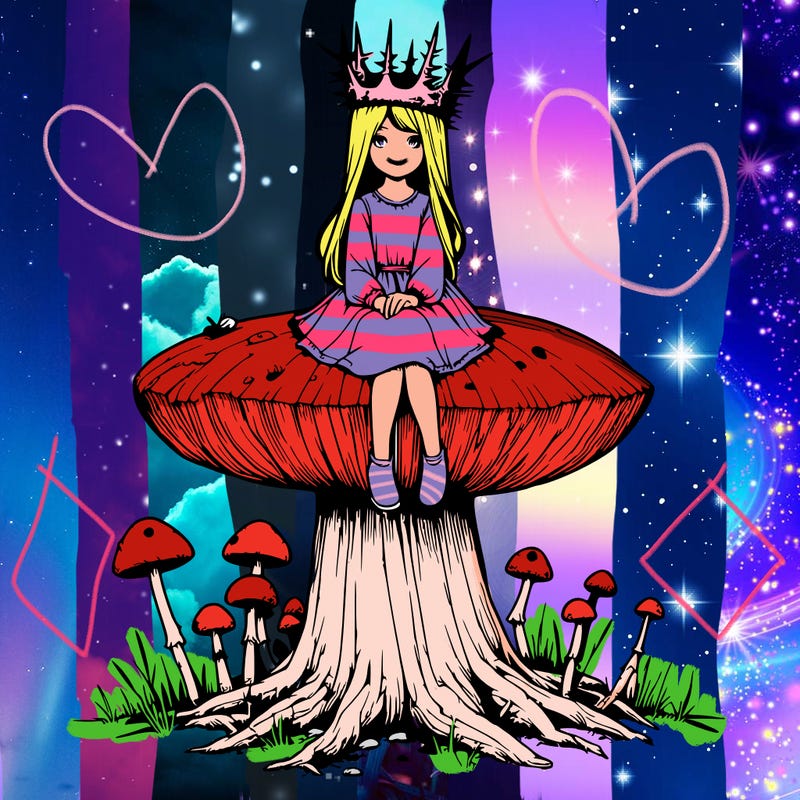 realistic girl sitting on a huge tree stump size toadstool with thorn crown
