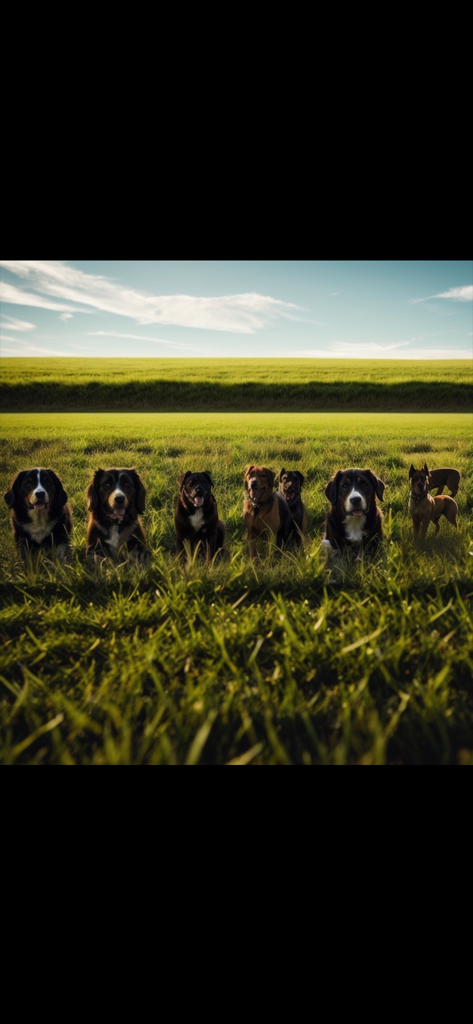 Imagen generada por IA de perros en un campo de hierba ocultando la palabra HELLO para una revelación de truco de magia.