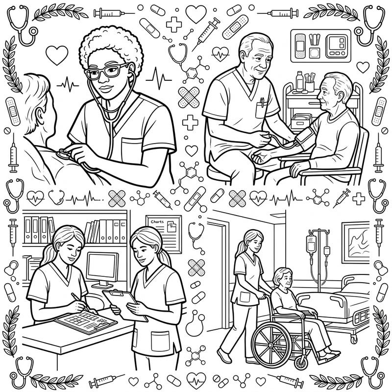 Celebrate the dedicated work of nurses with these specially designed coloring pages. Featuring clear, bold outlines and mature themes, they're perfect for seniors seeking a relaxing and engaging activity.