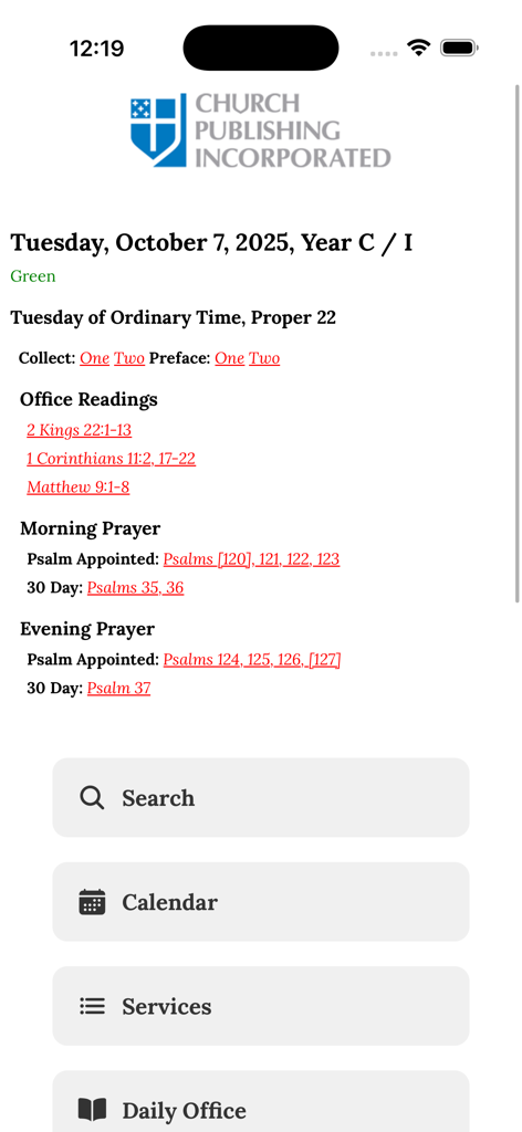 electronic Common Prayer - Main dashboard of the electronic Common Prayer app showing daily liturgical readings and navigation buttons