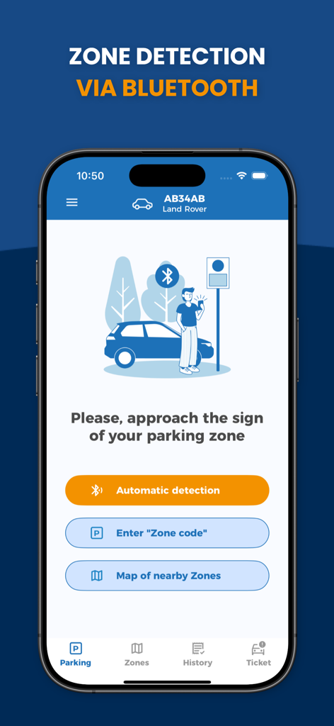 Parkunload app screen showing automatic parking zone detection via Bluetooth