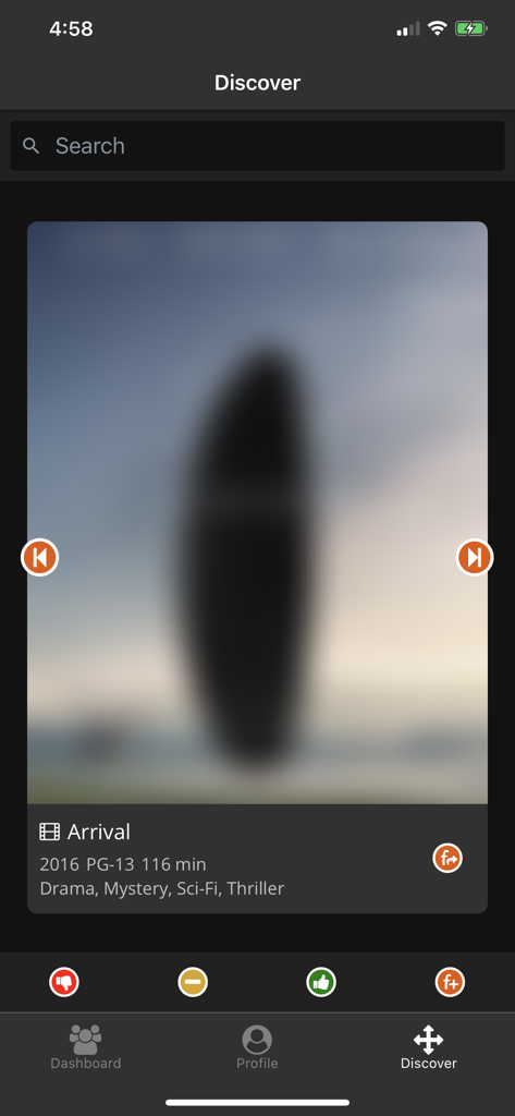 Freckle - Freckle app discover screen featuring a movie card for Arrival with swipe action buttons