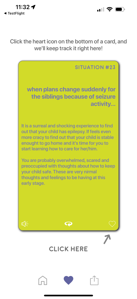 Life Support - Epilepsy - Instructional screen showing how to favorite an epilepsy support card by clicking a heart icon.