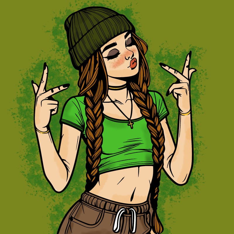 realistic teenage girl with braids and a beanie and crop top doing 🫶🏼