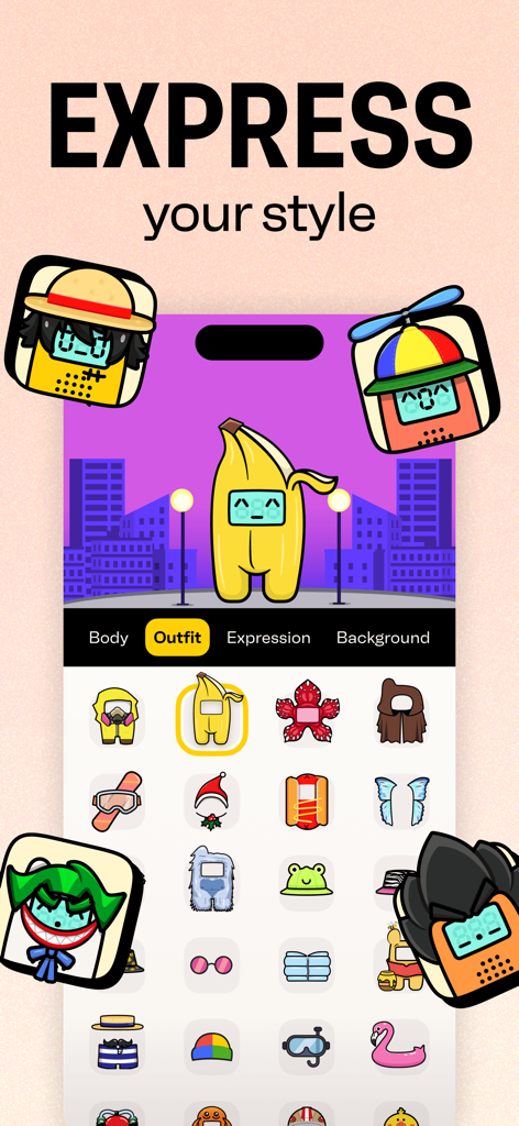 Walkie Talkie app interface showing avatar customization options with various outfits and facial expressions
