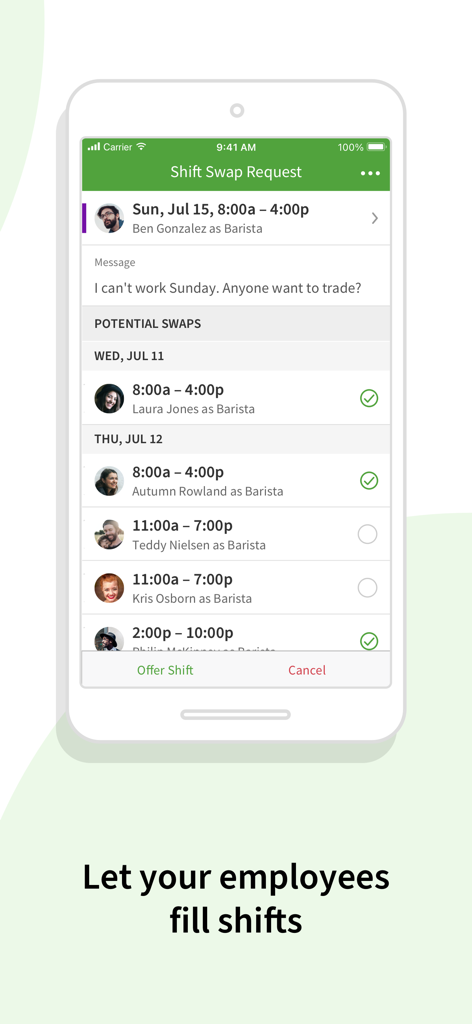 When I Work Staff Scheduling - When I Work 모바일 앱 인터페이스가 교대 근무 교환 요청 및 가능한 직원 교환을 보여줌