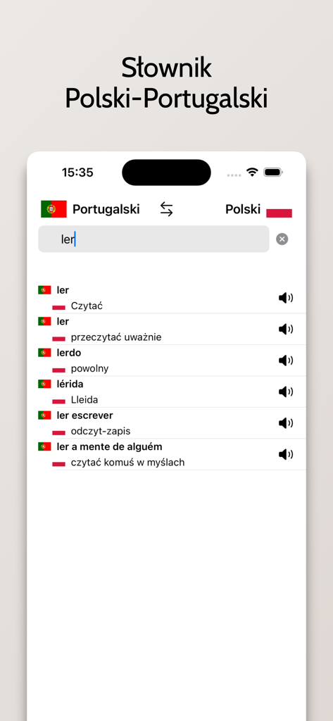 Słownik Portugalski-Polski - Interface do aplicativo Słownik Portugalski-Polski mostrando traduções da palavra 'ler' com ícones de áudio.