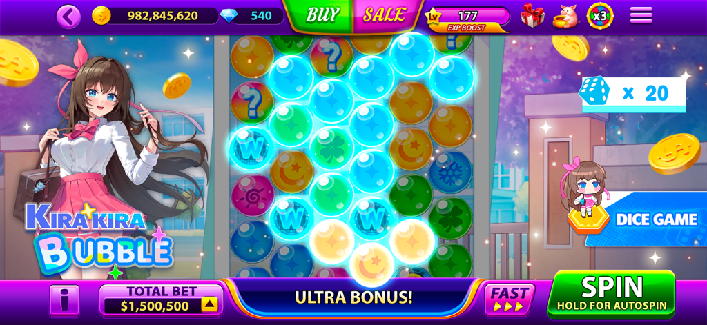 Full House Casino: 777 Slots - Gameplay of Kira Kira Bubble slot machine with anime character and colorful bubbles in Full House Casino app