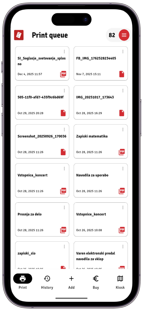 Printbox - Document printing - Printbox 모바일 앱의 인터페이스로, 셀프 서비스 인쇄 준비가 된 문서 목록을 보여줍니다.