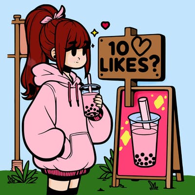 girl with oversized hoodie drinking boba and she has a high ponytail with a sign that says 10likes?