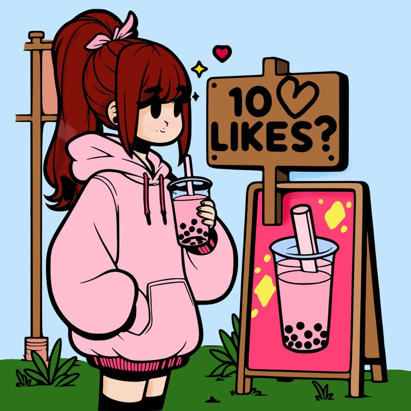 girl with oversized hoodie drinking boba and she has a high ponytail with a sign that says 10likes?