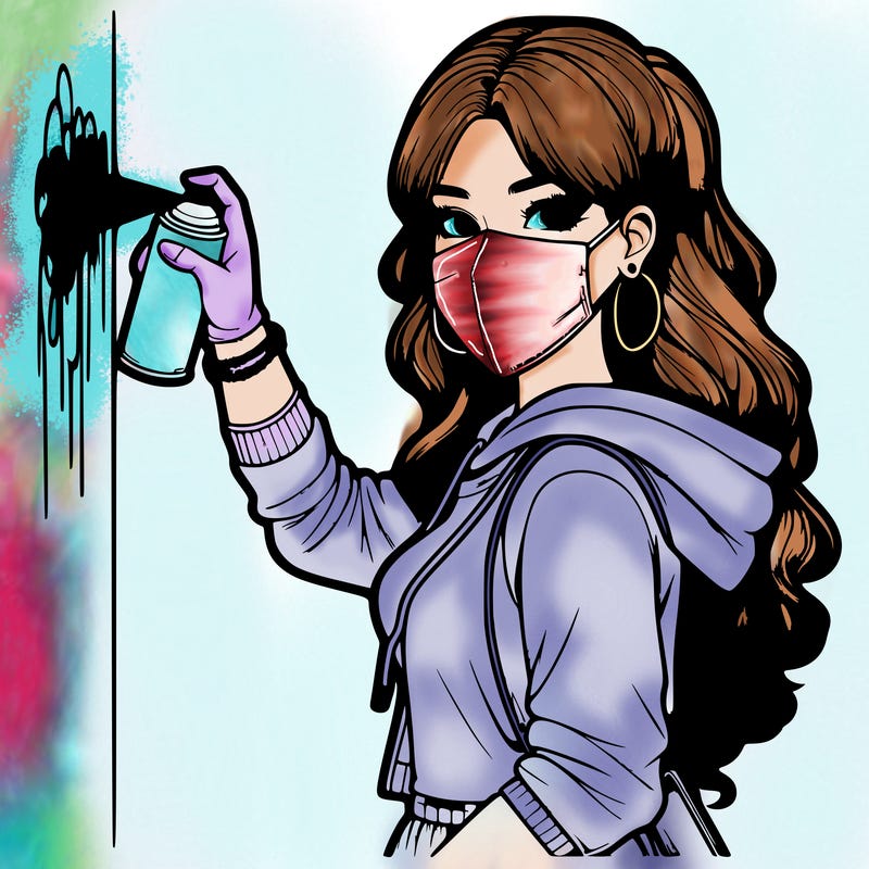 realistic girl with mask spray painting a wall
