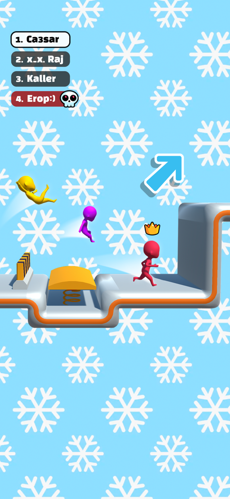 3D characters racing on a parkour obstacle course with a snowflake background
