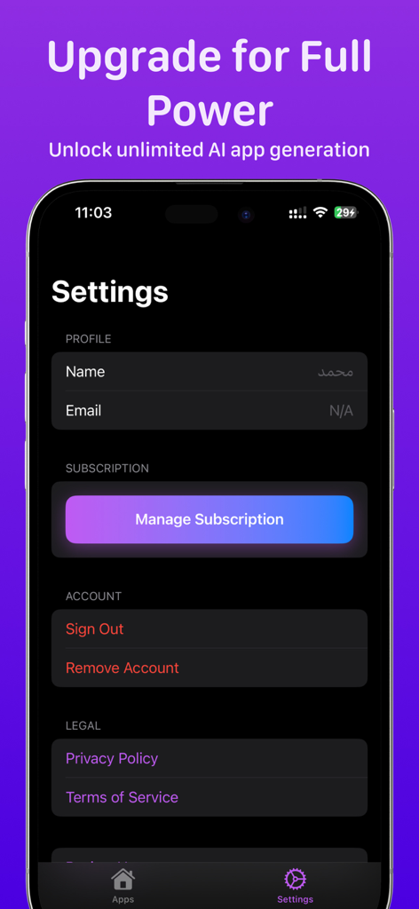 The settings menu of the Make-It AI app showing profile information account management and a subscription upgrade option