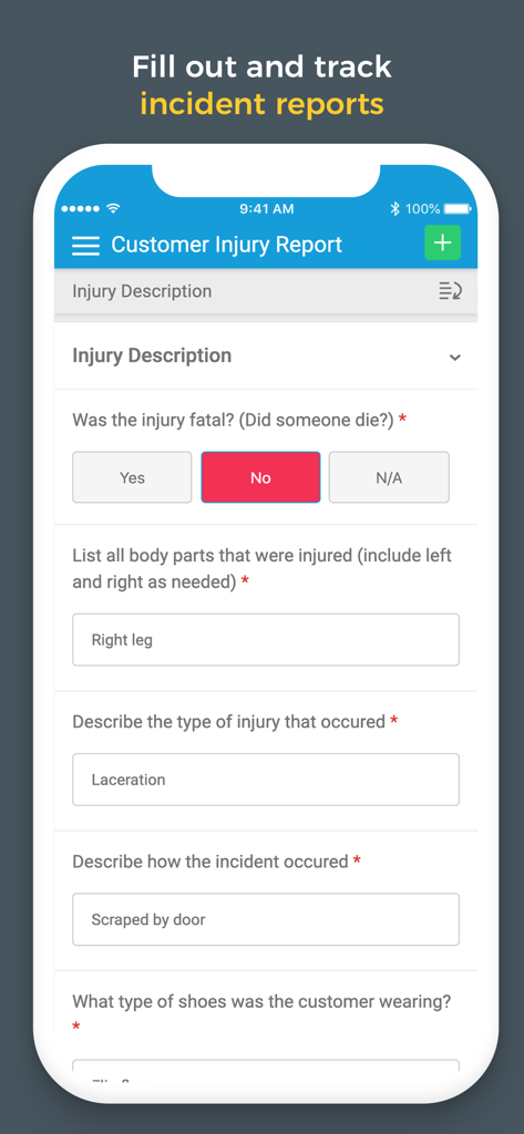 Zenput - Zenput mobile app interface showing a digital customer injury report form for retail and restaurant operations