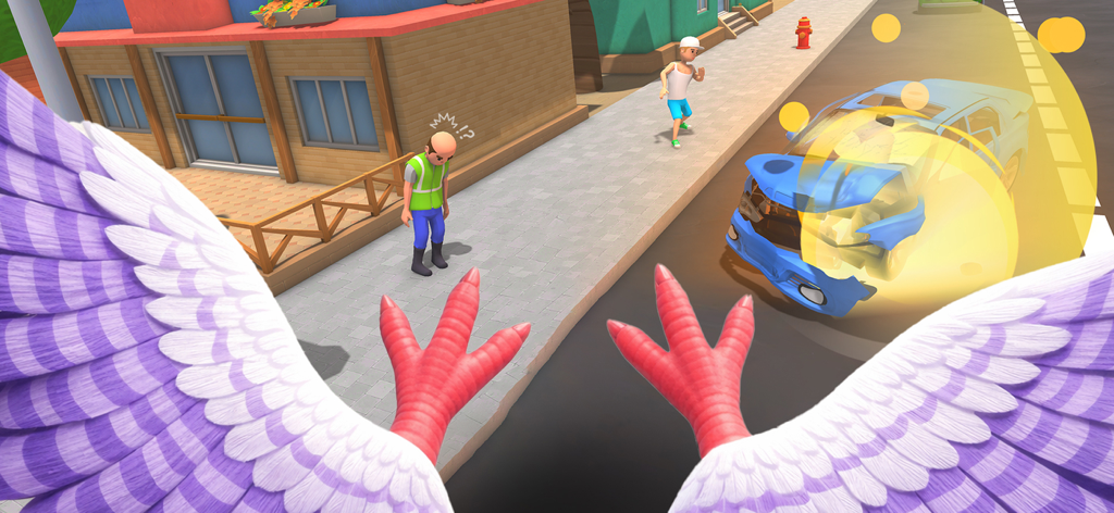 Una vista in prima persona di un uccello viola che vola sopra una strada cittadina dove un'auto blu è circondata da un effetto di luce gialla vicino a un pedone confuso.