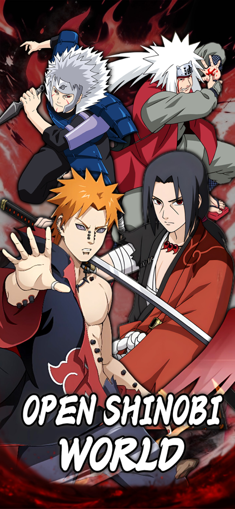 Shinobi Saga - Four powerful anime ninjas from the Shinobi Saga game with text saying Open Shinobi World.
