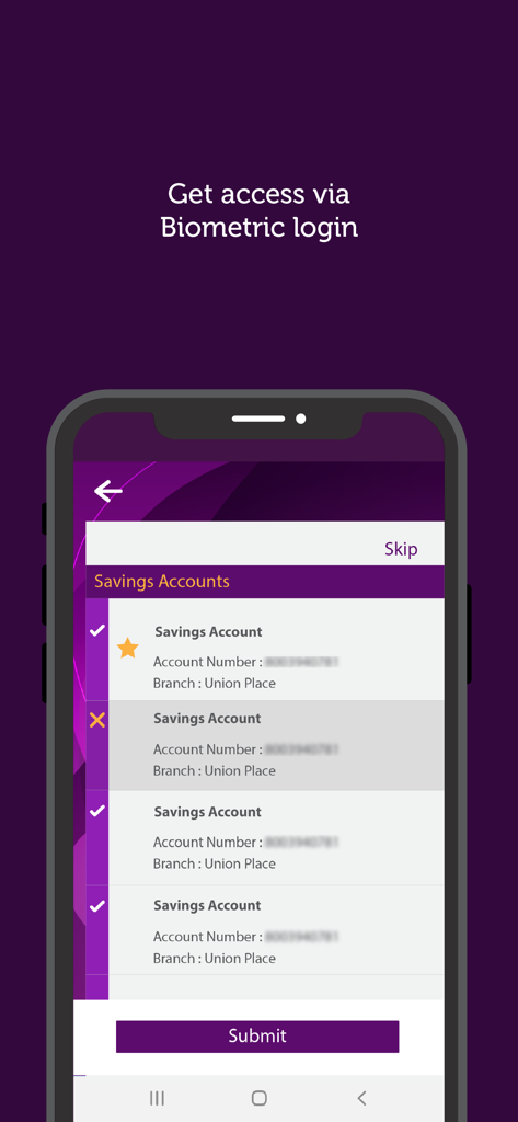 ComBank ePassbook - ComBank ePassbook app screen for selecting savings accounts with biometric login option