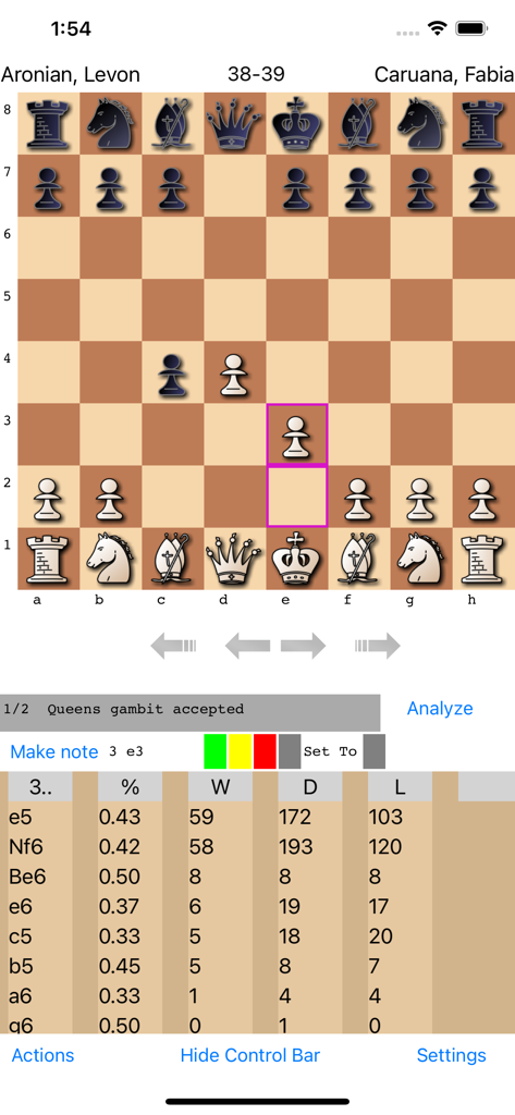 OpeningTree - Chess Openings - Chess board and opening statistics table in the OpeningTree mobile app