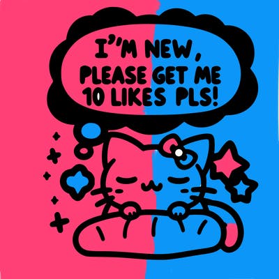 kitty taking a nap dream talking and saying "i'm new, please get me at least 10 likes pls!!"