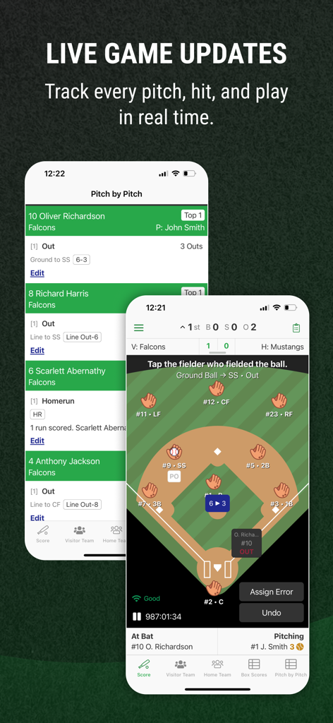 DiamondKast Scoring App - DiamondKast Scoring App interface showing real-time baseball game tracking and pitch by pitch logs