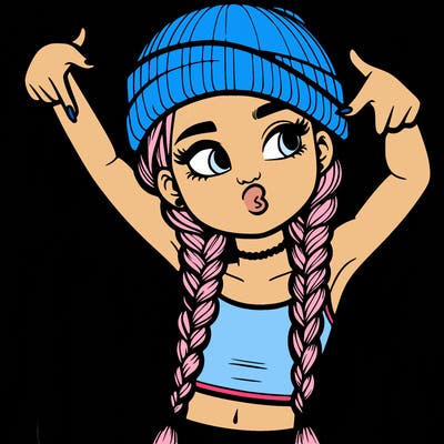 realistic teenage girl with braids and a beanie and crop top doing 🫶🏼