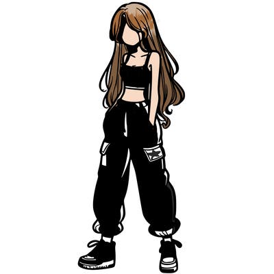 girl in baggy pants crop top and long hair