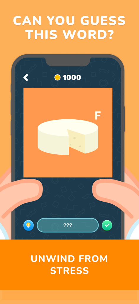 Mister Rebus - Pantalla del juego móvil Mister Rebus con un rompecabezas de palabras visual con el texto '¿Puedes adivinar esta palabra?' y 'Relájate del estrés'