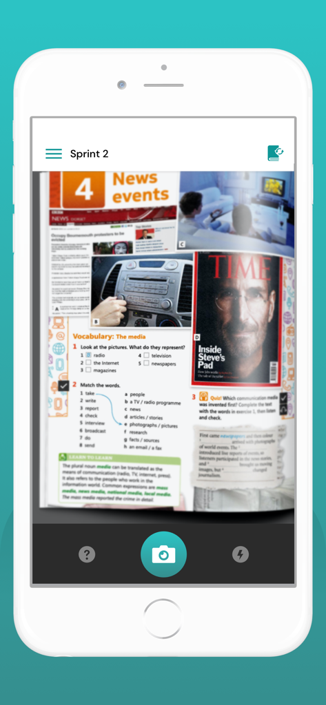 eli LINK 앱이 언어 학습 교과서 페이지를 스캔하여 대화형 콘텐츠를 찾는 스마트폰 화면