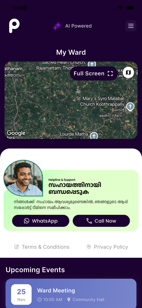 Pollster - Pollster app interface showing a ward map helpline support and upcoming ward meeting details
