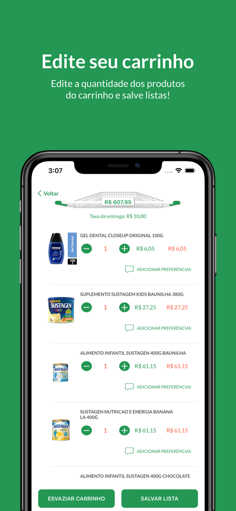 Supermercado Minibox - Tela do aplicativo Supermercado Minibox mostrando o carrinho de compras com opções para editar quantidades e salvar listas.