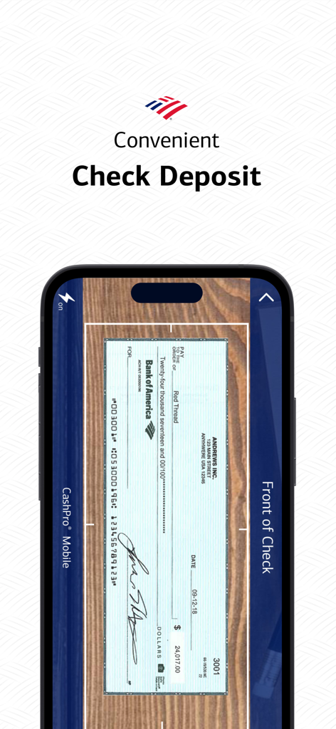 Recurso de depósito de cheque móvel no aplicativo Bank of America CashPro mostrando a digitalização de um cheque empresarial