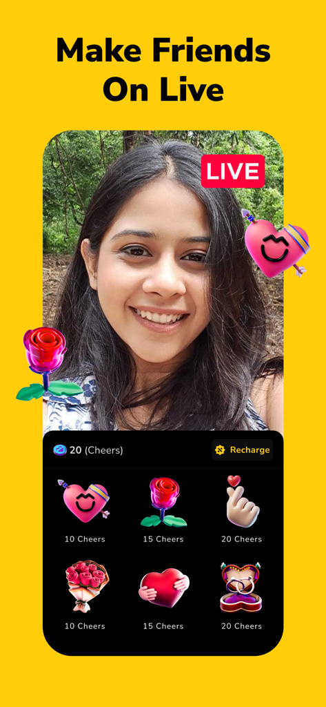 Moj: Video Live & Short Videos - Mojアプリのライブビデオストリーム中に笑顔の若い女性、仮想ギフトオプションが表示されている