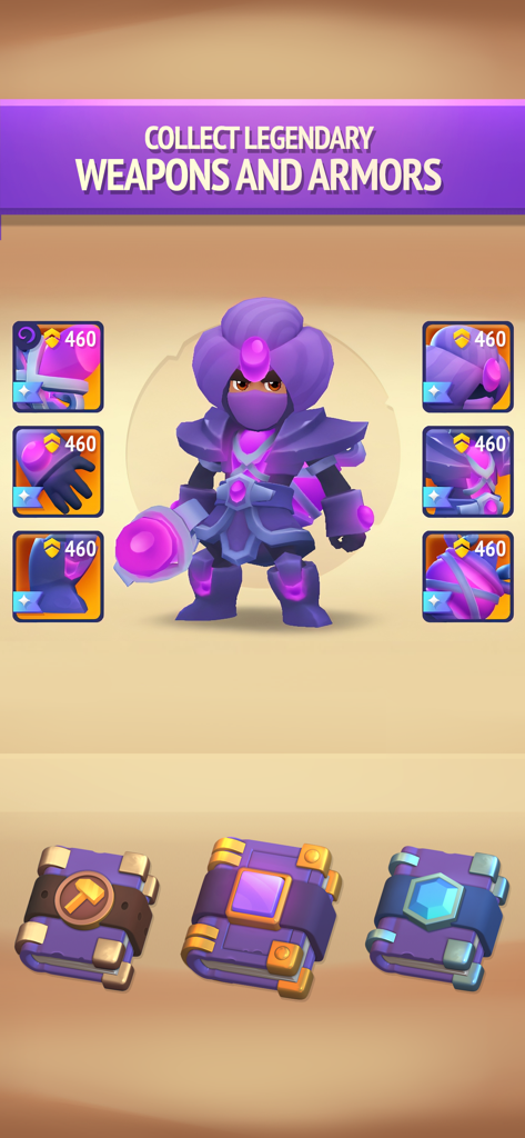 Nonstop Knight 2 - Action RPG - A purple knight character showcasing legendary armor and weapon sets in Nonstop Knight 2.