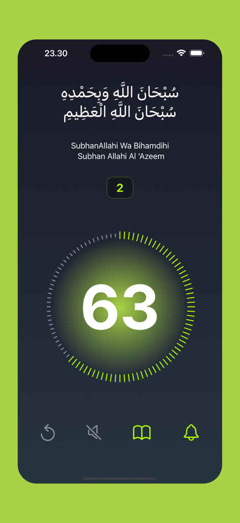 Interfaz de la aplicación Tasbih digital Kalimatan con un gran contador de Dhikr y anillo de progreso