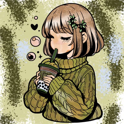 manga girl drinking boba in cozy sweater