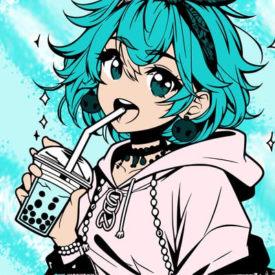 hot baddie anime girl drinking boba and biting the straw